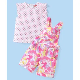 Babyhug 100% Cotton Single Jersey Knit Dungaree With Sleeveless Inner T-Shirt With Floral Print - Pink & White-picture-17