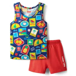 Babyhug 100% Cotton Single Jersey Knit Sando & Shorts Set With Tropical Theme Print - Navy Blue & Red-picture-20