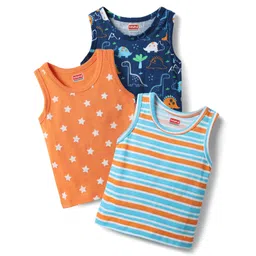 Babyhug 100% Cotton Single Jersey Knit Sleeveless Antibacterial Sando With Stripes Dino & Star Print Pack Of 3 - Orange Light Blue & Navy Blue-picture-27