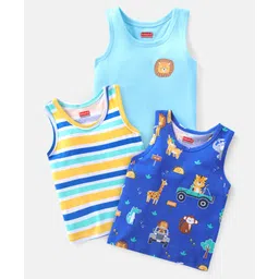 Babyhug 100% Cotton Single Jersey Knit Sleeveless Antibacterial Sandos with Stripes & Animals Print Pack of 3 - Yellow & Blue-picture-26