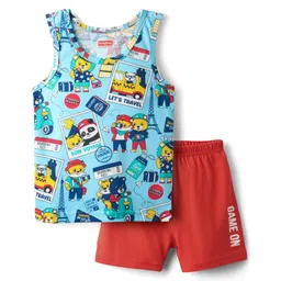 Babyhug 100% Cotton Single Jersey Knit Sleeveless Sando & Shorts Set With Animal Print - Light Blue & Red-picture-28