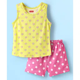 Babyhug 100% Cotton Single Jersey Knit Sleeveless Sando & Shorts Set With Floral & Polka Dots Print - Yellow & Pink-picture-21