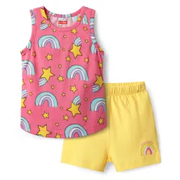 Babyhug 100% Cotton Single Jersey Knit Sleeveless Sando & Shorts Set with Rainbow & Star Print - Pink & Yellow image 1