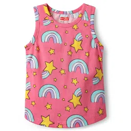 Babyhug 100% Cotton Single Jersey Knit Sleeveless Sando & Shorts Set with Rainbow & Star Print - Pink & Yellow image 2