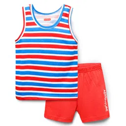 Babyhug 100% Cotton Single Jersey Knit Sleeveless Sando & Shorts Set With Stripes & Text Print - Blue & Red-picture-31