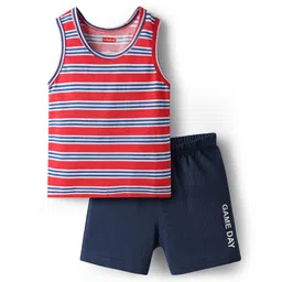 Babyhug 100% Cotton Single Jersey Knit Sleeveless Sando & Shorts Set With Stripes - Red & Navy Blue-picture-36