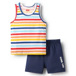 Babyhug 100% Cotton Single Jersey Knit Sleeveless Sando & Shorts Set With Stripes - Yellow & Navy Blue-picture-11