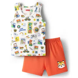 Babyhug 100% Cotton Single Jersey Knit Sleeveless Sando & Shorts Set With Vehicle & Animal Print - White & Orange-picture-30