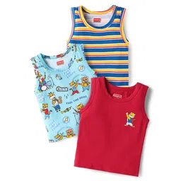 Babyhug 100% Cotton single Jersey Knit Sleeveless Sandos With Striped & Animal Print Pack Of 3 - Red Blue & Light Blue-picture-36