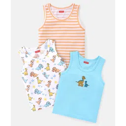 Babyhug 100% Cotton Single Jersey Knit Sleeveless Sandos with Stripes & Dino Print Pack of 3 - White Blue & Orange-picture-11