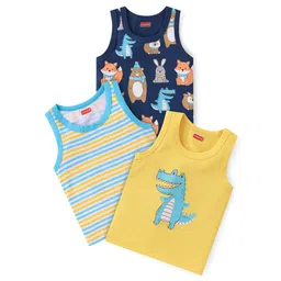 Babyhug 100% Cotton Single Jersey Knit Sleeveless Sandos with Stripes & Dino Print Pack of 3 - Yellow & Blue-picture-24