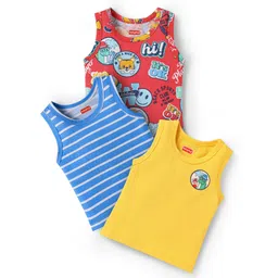 Babyhug 100% Cotton Single Jersey Knit Sleeveless Sandos With Stripes & Tiger Print Pack Of 3 - Yellow Blue & Red-picture-22