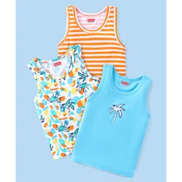 Babyhug 100% Cotton Single Jersey Knit Sleeveless Sandos with Stripes & Tropical Theme Print Pack of 3 - Orange & Blue-picture-19