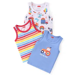 Babyhug 100% Cotton Single Jersey Knit Sleeveless Sandos with Stripes & Vehicle Print Pack of 3 - White & Blue-picture-13