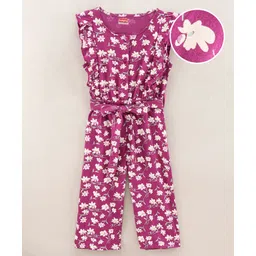 Babyhug 100% Cotton Sleeveless Jumpsuit Floral Print - Purple-picture-32