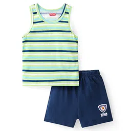 Babyhug 100% Cotton Sleeveless Sando & Shorts Set With Stripes And Logo Print - Navy Blue-picture-28