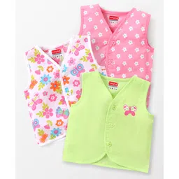 Babyhug 100% Cotton Woven Sleeveless Front Open Vest Floral & Butterfly Print Pack Of 3 - Green White & Pink-picture-23
