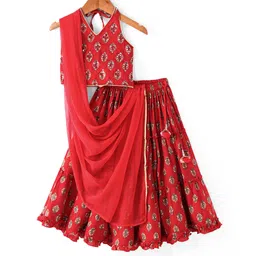 Babyhug 100% Cotton Woven Sleeveless Halter Neck Embroidered Choli Cambric Printed Tiered Lehenga & Dupatta Set - Red-image-45