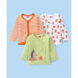 Babyhug 100% Interlock Cotton Knit Full Sleeves Front Open Antibacterial Vests with Stripes & Animal Print Pack of 3 - Orange Green & White-image-21