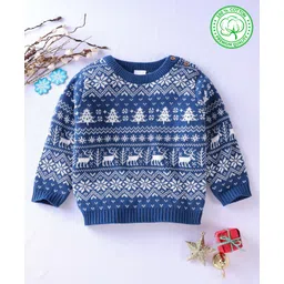 Babyhug 100% Organic Cotton Full Sleeves Pullovers Intarsia Design - Navy Blue-picture-19