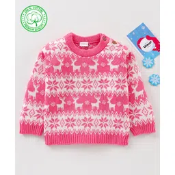 Babyhug 100% Organic Cotton Knit Full Sleeves Sweater Intarsia Design- Pink White-picture-21