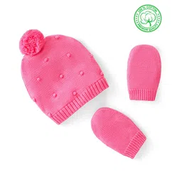 Babyhug 100% Organic Cotton Knit Woolen Cap & Mittens Set - Pink-picture-29