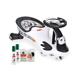 Babyhug Baby Panda Gyro Swing Car - Black & White with Natural Mosquito Repellent Patches (48 pcs) & Fabric Roll On (8ml - Pack of 2) - Set of 4-image-2