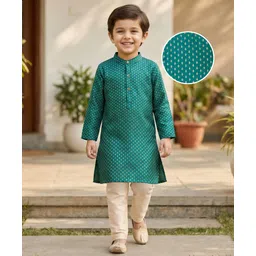 Babyhug Brocade Woven Full Sleeves Kurta Pajama Set With Floral Foil Print - Dark Green-picture-38