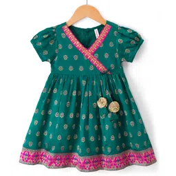 Babyhug Brocade Woven Half Sleeves Ethnic Dress With Floral Print - Green-picture-22