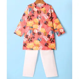 Babyhug Cambric Full Sleeves Kurta Pyjama Set with Floral Print - Coral-picture-28