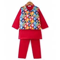 Babyhug Cambric Woven Full Sleeves Solid Colour Kurta Pyjama Set with Printed Jacket -  Maroon-picture-22