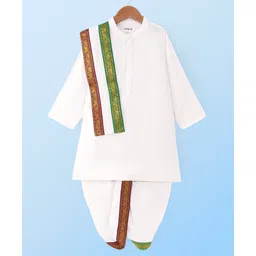 Babyhug Cambric Woven Full Sleeves Solid Dhoti Kurta Set With Angavastram -Offwhite-picture-28
