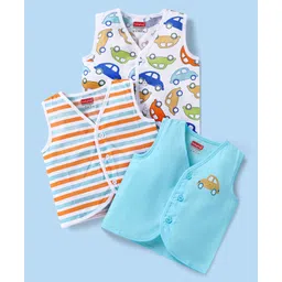 Babyhug Cambric Woven Sleeveless Front Open Jhablas With Car Print Pack of 3 - White Orange & Blue-picture-11