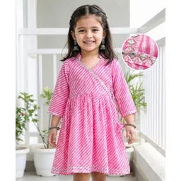 Babyhug Cambric Woven Three Fourth Sleeves Printed Ethnic Dress - Pink-picture-16