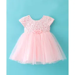 Babyhug Cap Sleeves Mesh Party Frock - Peach-picture-17