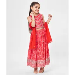 Babyhug Chiffon Woven Sleeveless Sequined and Embroidered Choli and Lehenga with Dupatta - Coral-image-3