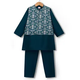 Babyhug Cotton Blend Woven Full Sleeves Kurta Pajama Set with Jacket & Floral Embroidery - Teal Blue-picture-24