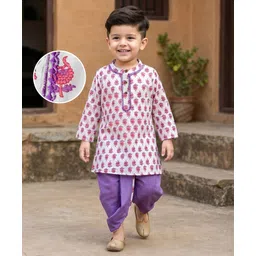 Babyhug Cotton Cambric Woven Full Sleeves Kurta Dhoti Set with Floral Print - White & Purple-picture-23