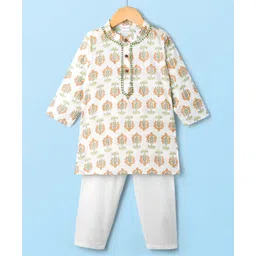 Babyhug Cotton Cambric Woven Full Sleeves Kurta Pyjama Set with Floral Print - White-picture-39