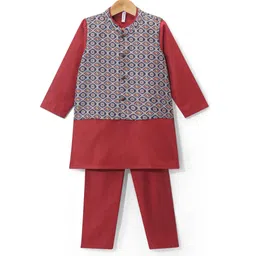 Babyhug Cotton Cambric Woven Full Sleeves Solid Kurta Pyjama Set With Printed Jacket - Red-picture-18