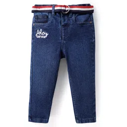Babyhug Cotton Denim Full Length Jeans With Belt Text Embroidery - Blue-picture-20
