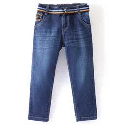 Babyhug Cotton Full Length Denim Jeans with Belt Washed Solid Colour - Blue image 1
