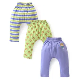 Babyhug Cotton Full Length Diaper Pants Stripes & Bear Print Pack Of 3- Green & Blue-picture-26