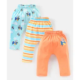 Babyhug Cotton Full Length Diaper Pants Stripes & Bear Print Pack of 3- Orange & Blue-picture-35