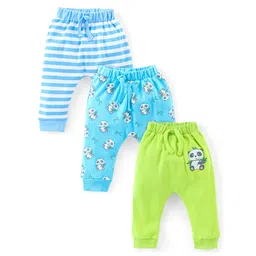 Babyhug Cotton Full Length Diaper Pants Stripes & Panda Print Pack of 3- Blue & Green-picture-20