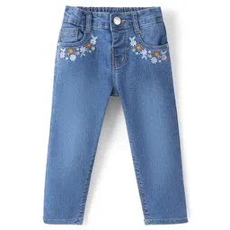 Babyhug Cotton Full Length Jeans With Stretch & Floral Embroidery - Blue-picture-23
