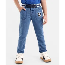 Babyhug Cotton Full Length Washed Denim Jeans with Stretch Mickey Mouse Patch - Blue-picture-28