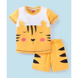 Babyhug Cotton Half Sleeves Night Suit Tiger Print- Yellow-picture-32