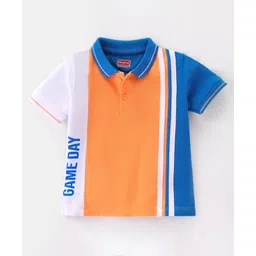 Babyhug Cotton Half Sleeves Polo T-Shirt With Text Graphics & Football Applique on Sleeve - Orange & Blue-picture-12