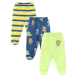 Babyhug Cotton Interlock Knit Footed Bootie Leggings Striped & Bear Print Pack of 3 - Blue & Green-picture-19